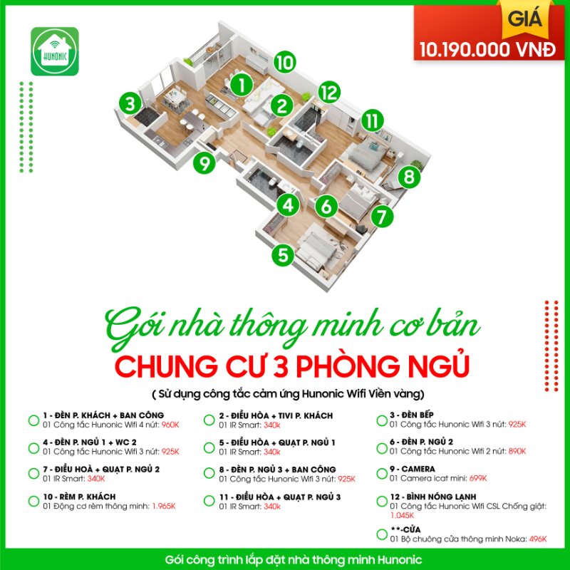 Trọn gói nhà thông minh Hunonic Cơ bản cho chung cư 3 phòng ngủ 2 goi chung cu co ban